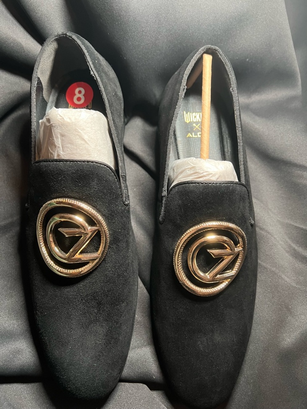 Aldo Black Suede Slip-On Loafers with Gold Emblem